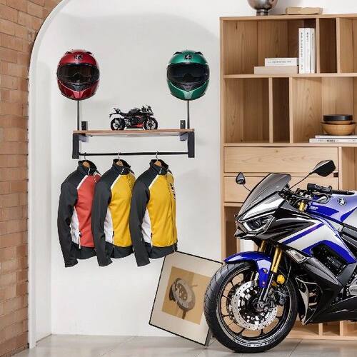 Wooden Motorcycle Helmet Holder with 5 Hooks Gear Storage