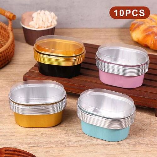 10Pcs Aluminum Foil Cupcake Cups With Lids 68ml Oval