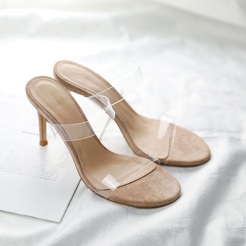 透明一字带圆头细跟凉鞋小众