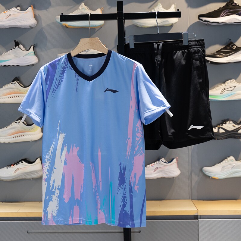 李宁羽毛球服比赛套装男子夏季速干凉爽训练运动短袖短裤 AATV041