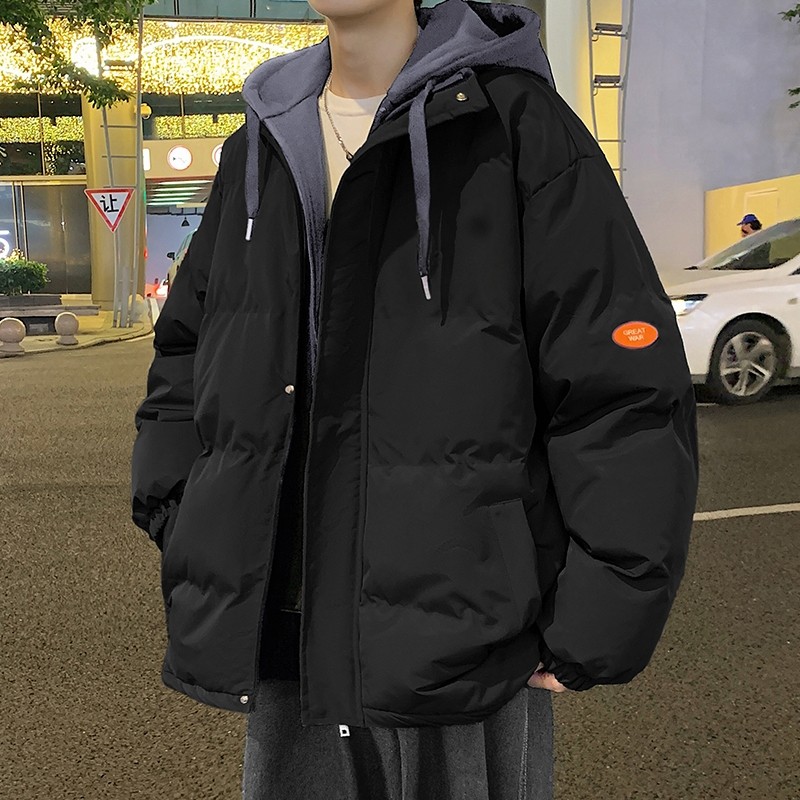 2025新款棉服男外套秋冬季宽松加厚假两件连帽棉衣男款棉袄面包服