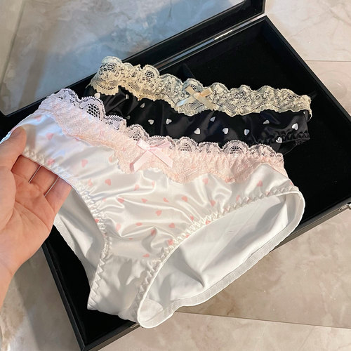 纯欲爱心～缎面牛奶丝冰丝蕾丝花边性感纯欲内裤女士新款女生三角