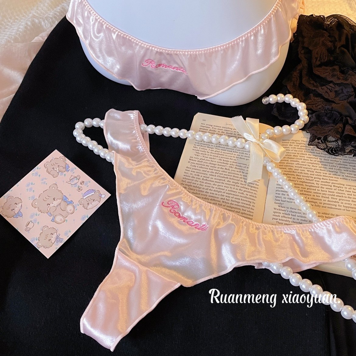 欧美高级感闪闪缎面色丁辣妹粉色芭比荷叶裙边丁字裤性感内裤女士,女士内衣/男士内衣/家居服,女丁字裤,淘宝优惠券,粉丝福利购,淘宝优惠卷