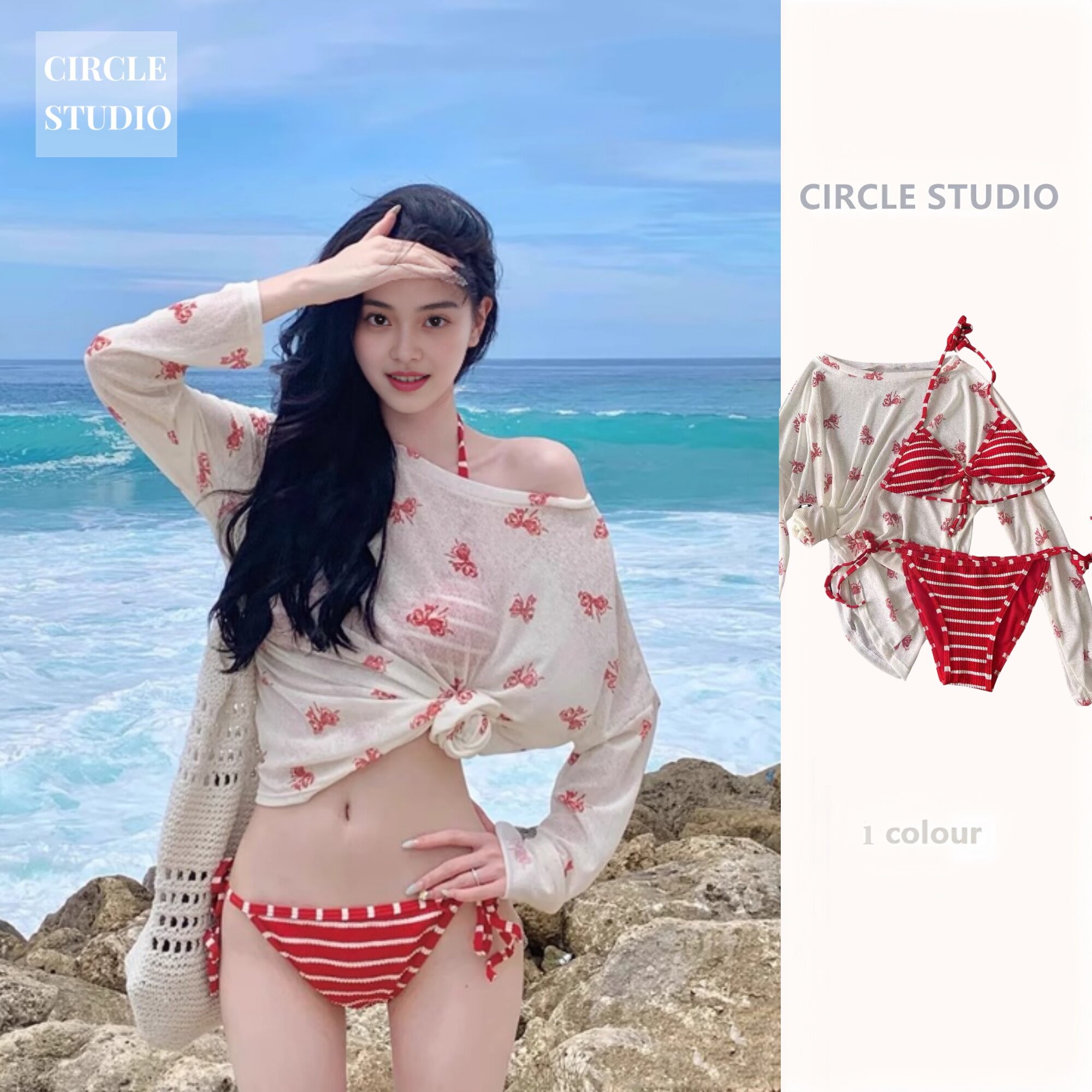 绝美泳衣女2025新款性感纯欲海边度假少女分体罩衫四件套温泉泳装