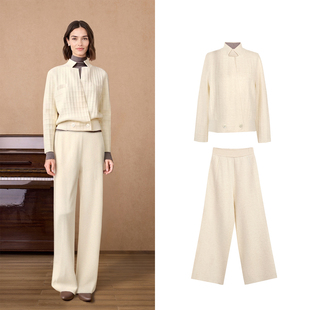 外套加直筒裤 极简风针织开衫 羊毛衫 2025冬季 女立领纽扣显瘦套装