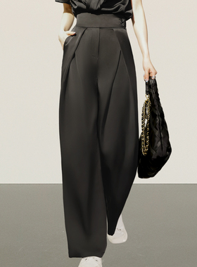 面料质感超好~欧版高腰黑色休闲裤女垂感显瘦气质西装阔腿裤长裤