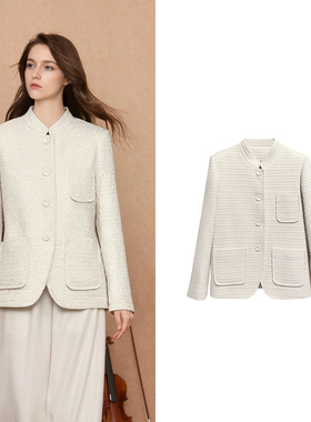 混纺立裁挺括新中式立领排扣短外套女多口袋设计正肩百搭气质外套