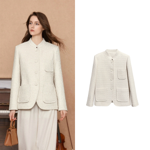 混纺立裁挺括新中式 立领排扣短外套女多口袋设计正肩百搭气质外套