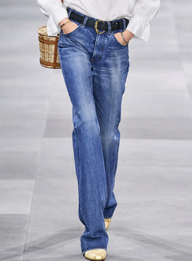 欧版新款女士高腰显瘦牛仔裤修身百搭直筒法式复古蓝色牛仔休闲裤