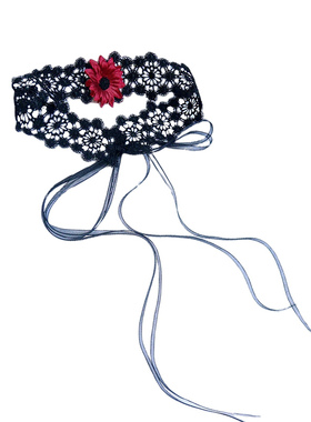 3.4CM洛丽塔黑色蕾丝手腕脚手链女酒红花礼服舞蹈项链长飘带项圈