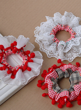 大肠发圈花边头绳原创头饰白色红色格子流苏可爱奶油甜妹马尾皮筋