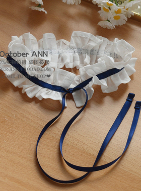 藏蓝色系带款式女仆颈带项圈白色褶边项链choker脖子装饰品日韩风