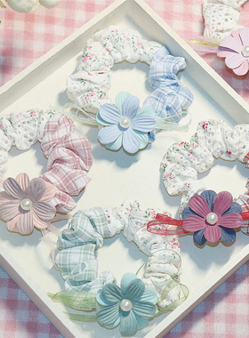 刺绣碎花拼格子布大肠发圈法式田园风气质甜美女手绳韩粉清新绿色