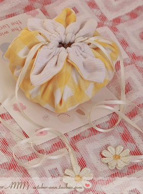 迷你柿子包森系纯棉香料收纳布袋包浅黄色格子小花少女心手作小物