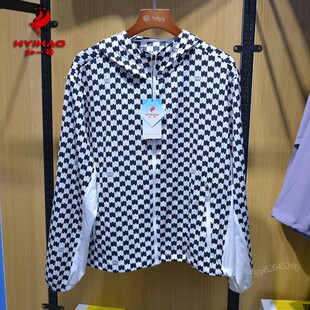 红一号68019黑白格外套春夏季长袖连帽户外防晒上衣运动休闲上装