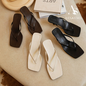 外穿人字拖半拖女 方头羊皮小猫跟夹脚趾凉鞋 ALEXSARA2025夏季 新款