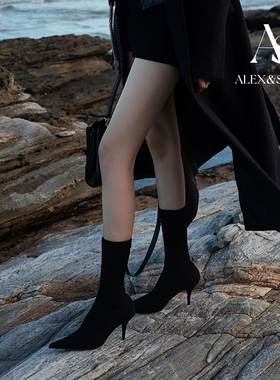 ALEXSARA 2026早春新款 尖头高跟弹力瘦瘦靴细跟短靴显瘦百搭靴子