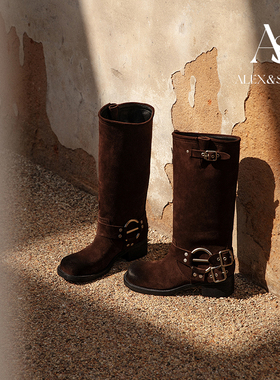 ALEXSARA 2026早春新款 方头麂皮粗跟金属环高筒靴直筒不过膝靴子