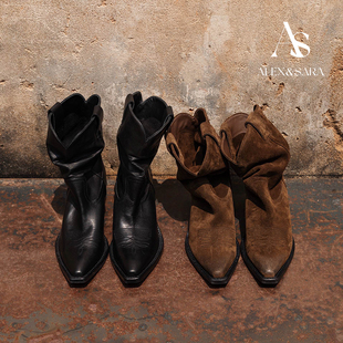 ALEXSARA 2025秋冬新款 尖头复古做旧马皮牛仔靴粗跟麂皮堆堆短靴