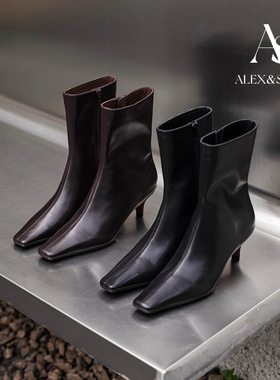 ALEXSARA 2026早春新款 方头真皮无内里短靴气质中跟侧拉链女靴子
