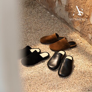 2026 返场 ALEXSARA 舒适平跟拖鞋 包头羊皮麂皮平底勃肯半拖鞋