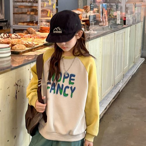 秋冬儿童潮范宽松休闲拼接袖卫衣中大童可爱卡通圆领套头上衣T恤