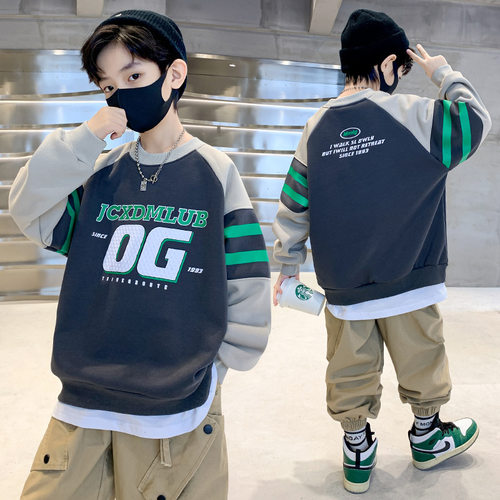 童卫衣2024春秋薄款男童字母印花休闲卫衣中大童圆领套头长袖T恤