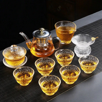 日式锤纹玻璃侧把茶壶功夫茶具套装家用耐热盖碗茶杯冲茶器红花茶