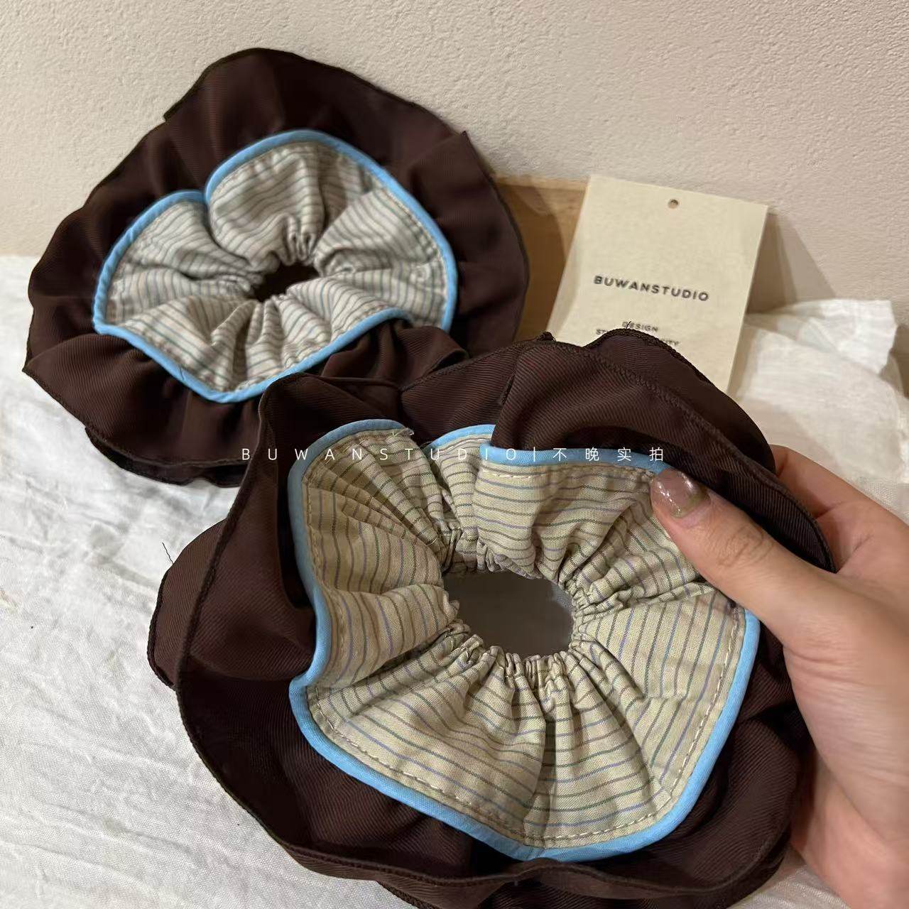 随手一扎都好看！韩系复古质感双层条纹蓝咖撞色大肠发圈头绳发饰,饰品/流行首饰/时尚饰品新,发饰,淘宝优惠券,粉丝福利购,淘宝优惠卷