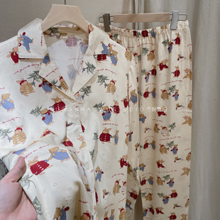 外贸良心圣诞卡通人棉贡缎绵绸睡衣家居服套装 被追着问 舒服