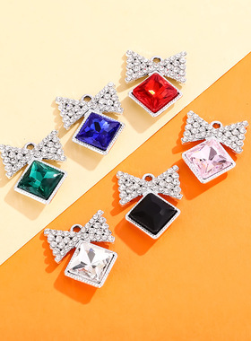 蝴蝶结挂件配饰方形彩色宝石镶钻小吊坠合金配件diy手链饰品材料