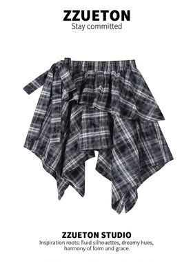 VQ复古做旧不规则格子半身裙女夏2025新款黑色扎染绑带辣妹短裙女