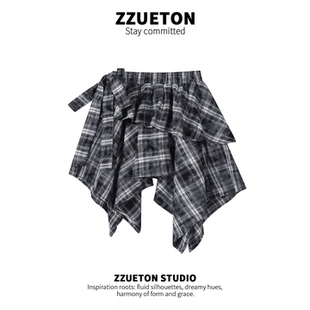 VQ复古做旧不规则格子半身裙女夏2025新款 黑色扎染绑带辣妹短裙女