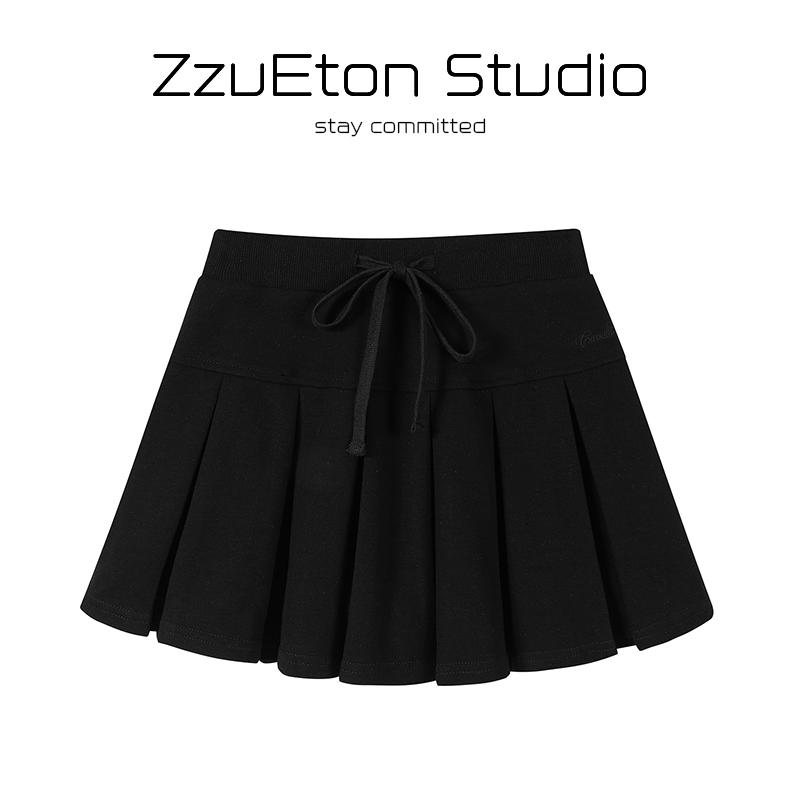 June黑色网球百褶半身裙女春夏2025新款学院风短款针织a字裙子
