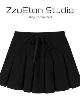 June黑色网球百褶半身裙女春夏2025新款学院风短款针织a字裙子