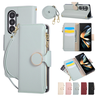 适用三星Galaxy Z fold7手机壳翻盖插卡fold6保护套fold5高档荔枝纹皮套挂绳支架fold4/3奢华拉链零钱小挎包