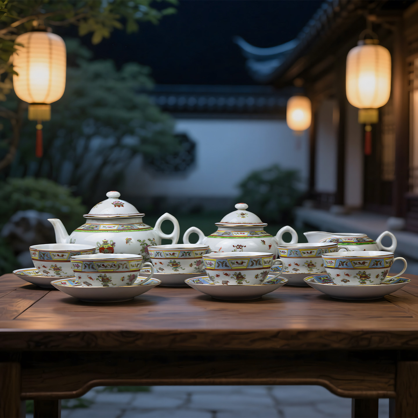 景德镇567瓷器老厂货瓷器创汇回流瓷器粉彩博古十五头咖啡具茶具