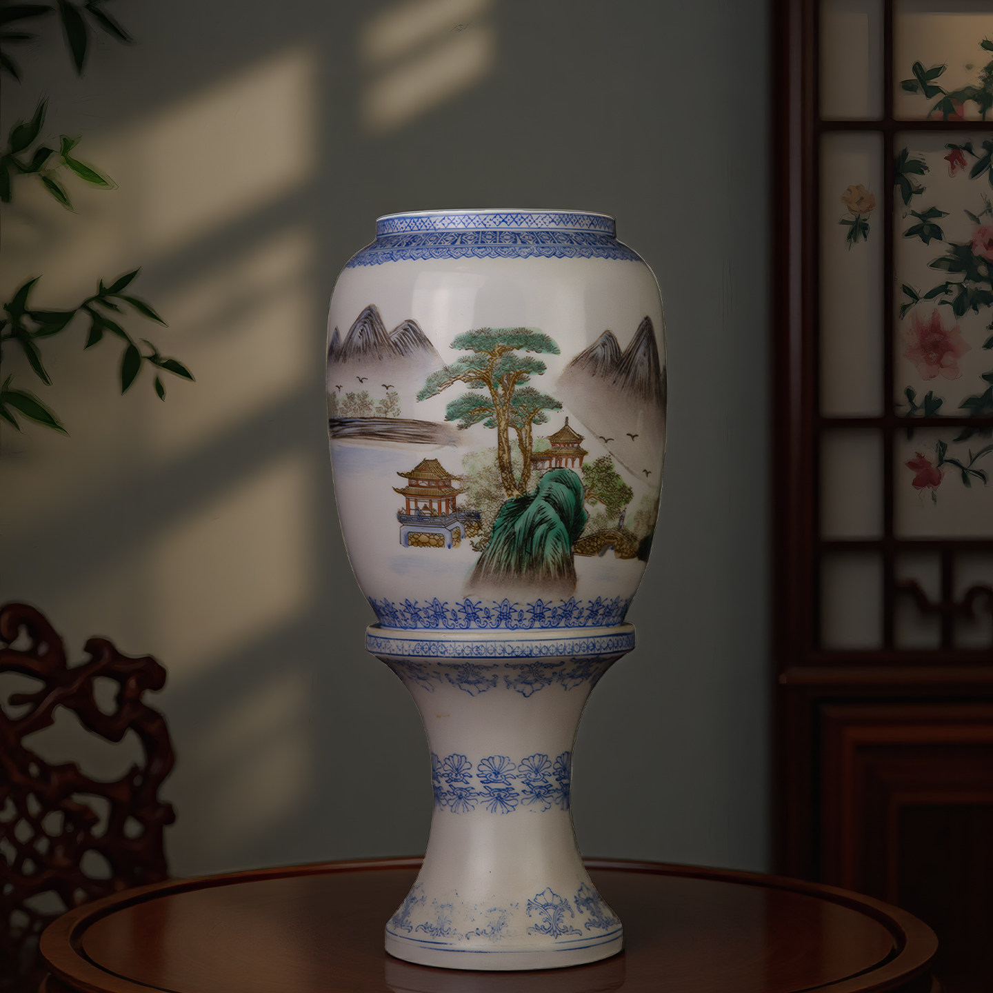 景德镇老厂货瓷器567时期老式瓷手工灯手绘通景蓝料边山水薄胎灯