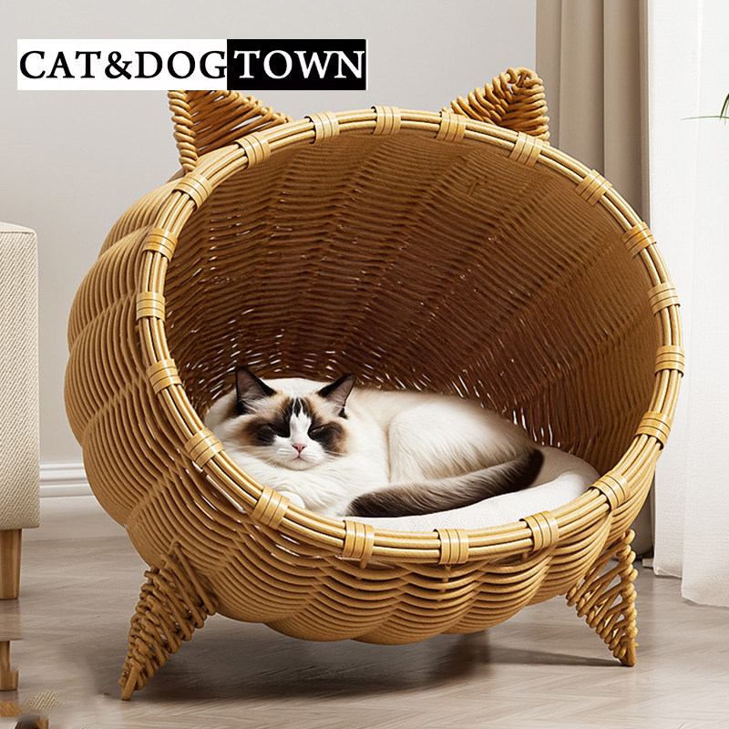 日本藤编猫窝夏季透气四季通用半封闭夏天床别墅猫屋安全感宠物窝