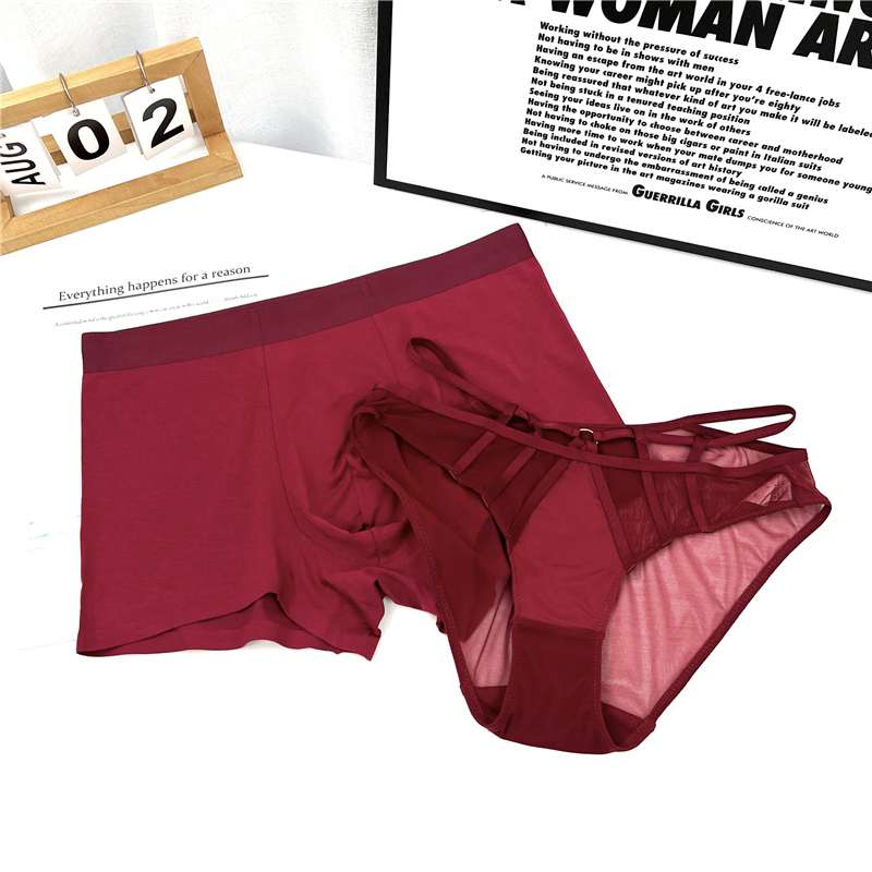 情侣内裤~新年红色蕾丝性感纯欲镂空系带男女夫妻纯棉舒适平角裤