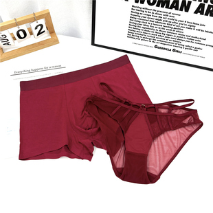 情侣内裤 新年红色蕾丝性感纯欲镂空系带男女夫妻纯棉舒适平角裤