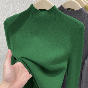 绿色别致羊毛修身 女洋气内搭针织衫 毛衣 打底衫 2025秋冬半高领薄款