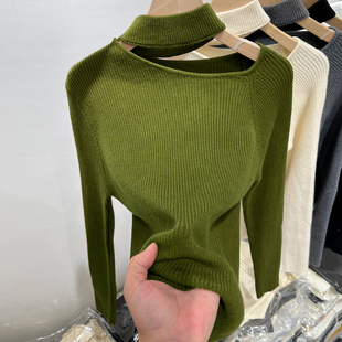 欧货半高领性感挂脖镂空斜领打底衫女秋冬内搭牛油果绿毛衣针织衫