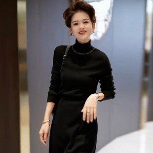 欧货高级黑时尚中领打底衫女秋冬季半高领轻熟风气质烫钻针织毛衣