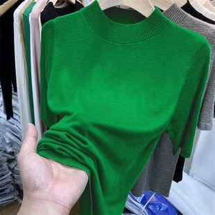 针织衫 上衣薄 薄款 女修身 绿色中袖 半高领打底衫 内搭五分袖 2024秋季