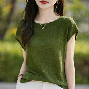 设计感圆领短袖针织女夏季修身显瘦高级感正肩气质牛油果绿色上衣