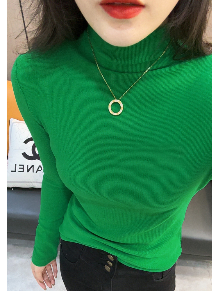 半高领打底衫女春秋内搭绿色上衣