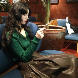 羊毛polo领针织衫 女秋冬小香风内搭毛衣 女高级感绿色翻领针织开衫