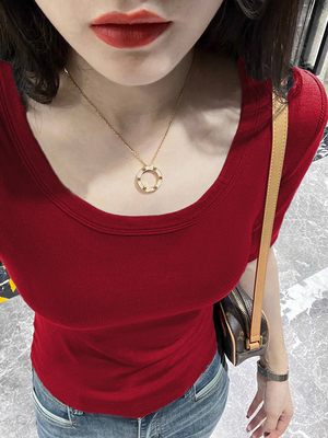 修身气质减龄红色短袖上衣百搭