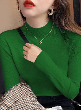半高领针织衫女内搭秋冬别致绿色打底衫洋气毛衣2025新款中领上衣